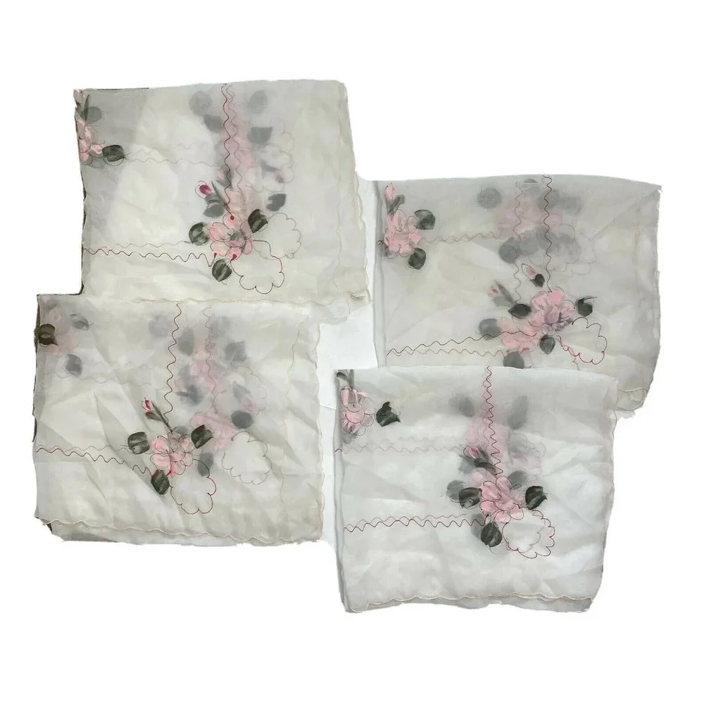Vintage 1960s Sheer White Valances Curtains 4 Made Japan Hand Painted Pink Red
